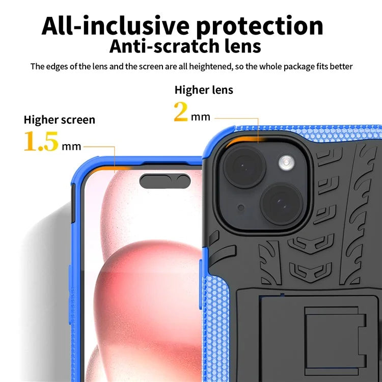 For iPhone 15 Tyre Pattern Phone Case Kickstand PC+TPU Shock Absorbing Phone Cover
