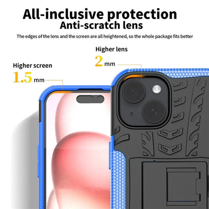 For iPhone 15 Tyre Pattern Phone Case Kickstand PC+TPU Shock Absorbing Phone Cover