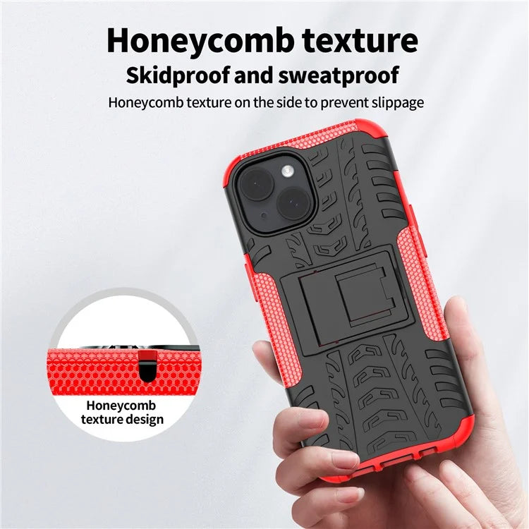 For iPhone 15 Tyre Pattern Phone Case Kickstand PC+TPU Shock Absorbing Phone Cover