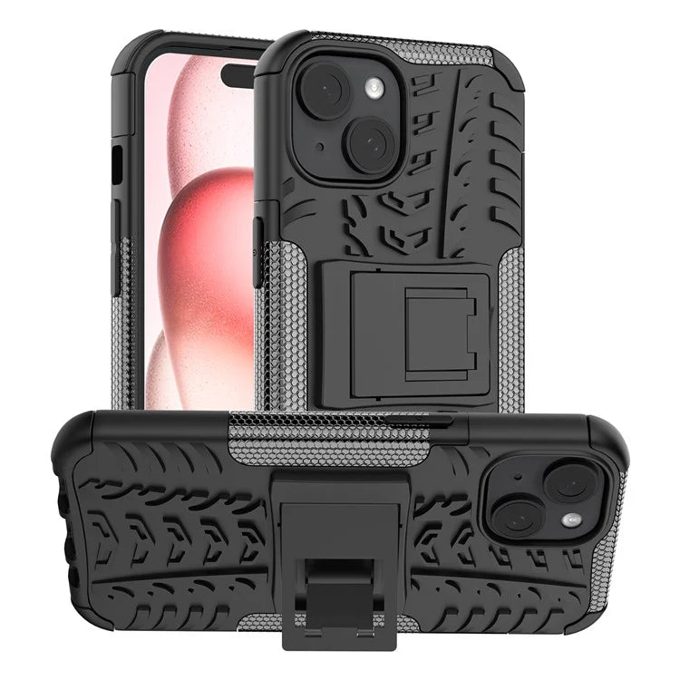 For iPhone 15 Tyre Pattern Phone Case Kickstand PC+TPU Shock Absorbing Phone Cover