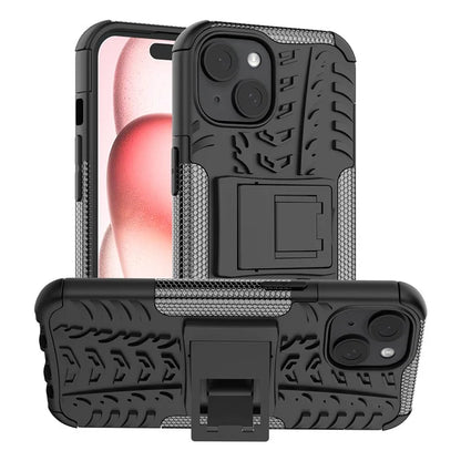 For iPhone 15 Tyre Pattern Phone Case Kickstand PC+TPU Shock Absorbing Phone Cover