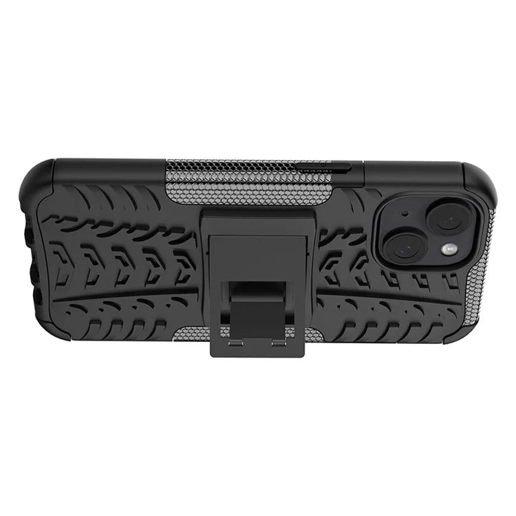 For iPhone 15 Tyre Pattern Phone Case Kickstand PC+TPU Shock Absorbing Phone Cover