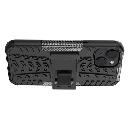 For iPhone 15 Tyre Pattern Phone Case Kickstand PC+TPU Shock Absorbing Phone Cover