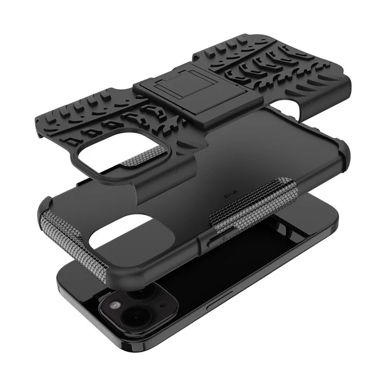 For iPhone 15 Tyre Pattern Phone Case Kickstand PC+TPU Shock Absorbing Phone Cover