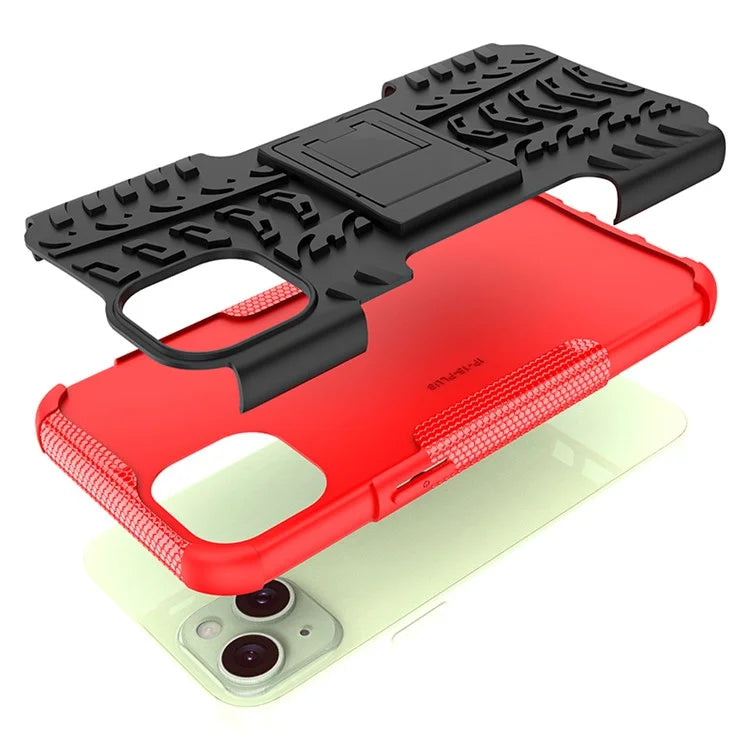 For iPhone 15 Plus Tyre Pattern Design Cover PC+TPU Phone Case with Kickstand