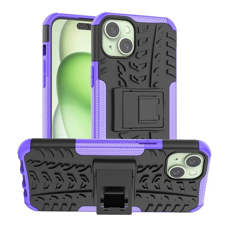 For iPhone 15 Plus Tyre Pattern Design Cover PC+TPU Phone Case with Kickstand