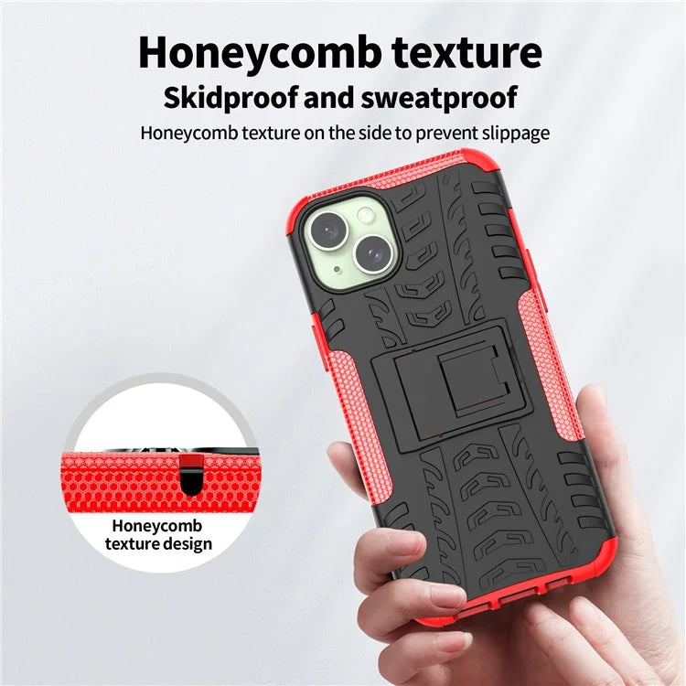 For iPhone 15 Plus Tyre Pattern Design Cover PC+TPU Phone Case with Kickstand