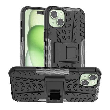 For iPhone 15 Plus Tyre Pattern Design Cover PC+TPU Phone Case with Kickstand