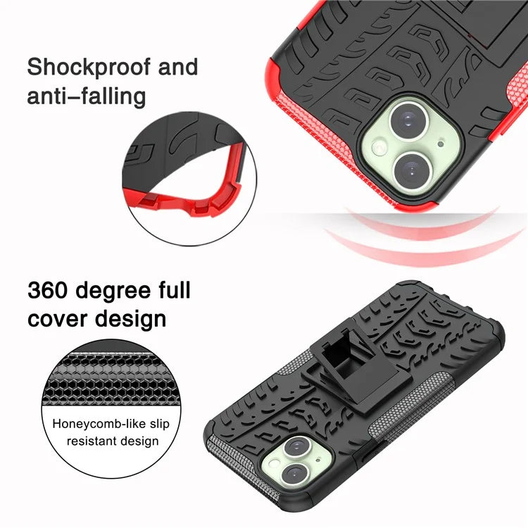 For iPhone 15 Plus Tyre Pattern Design Cover PC+TPU Phone Case with Kickstand