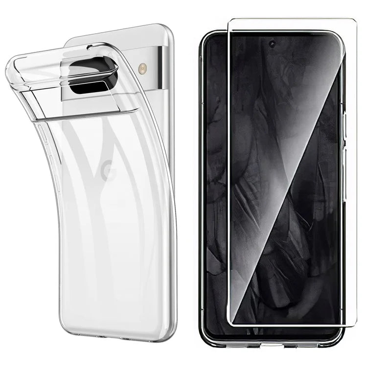 For Google Pixel 8 Clear TPU Case Phone Cover with 2.5D Arc Edge Tempered Glass Screen Film