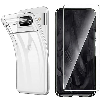 For Google Pixel 8 Clear TPU Case Phone Cover with 2.5D Arc Edge Tempered Glass Screen Film