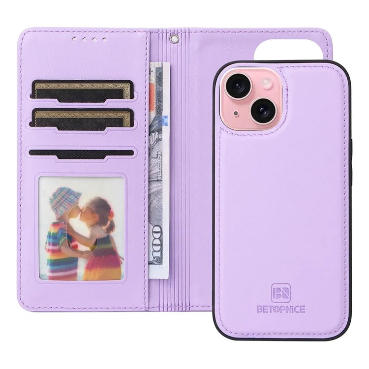 BETOPNICE 005 For iPhone 15 Case Detachable Cell Phone Leather Cover with Wrist Strap