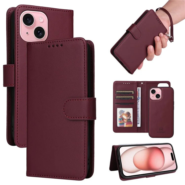 BETOPNICE 005 For iPhone 15 Case Detachable Cell Phone Leather Cover with Wrist Strap
