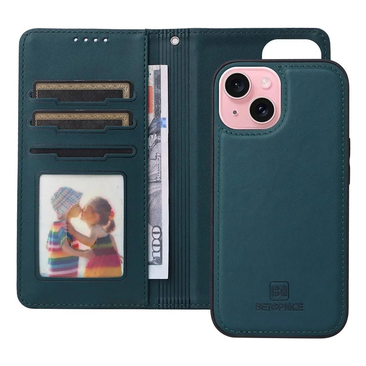BETOPNICE 005 For iPhone 15 Case Detachable Cell Phone Leather Cover with Wrist Strap