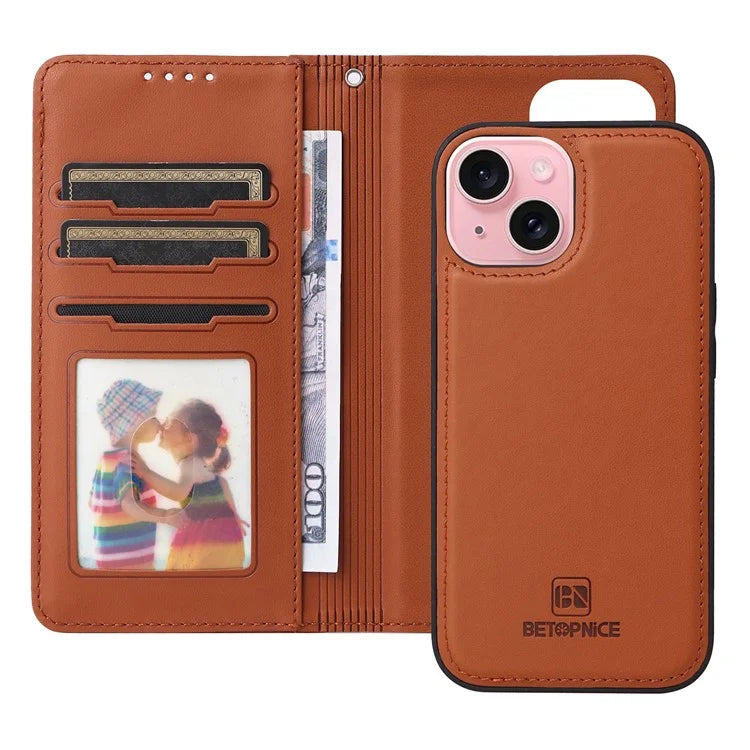 BETOPNICE 005 For iPhone 15 Case Detachable Cell Phone Leather Cover with Wrist Strap