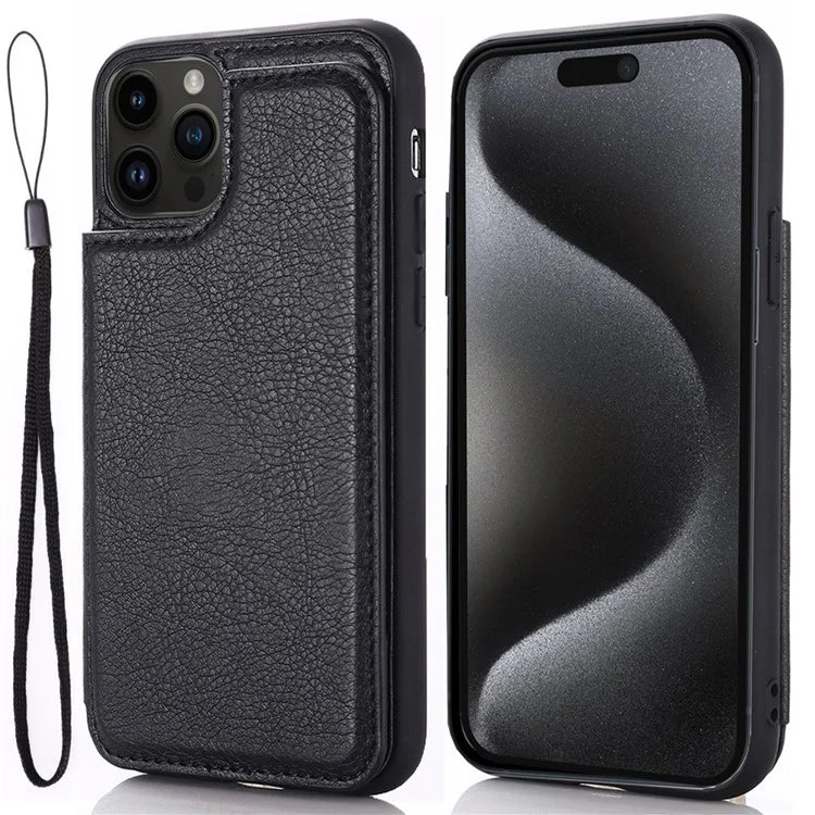 For iPhone 15 Pro Max Case Card Slots Kickstand Leather Coated TPU Cellphone Cover
