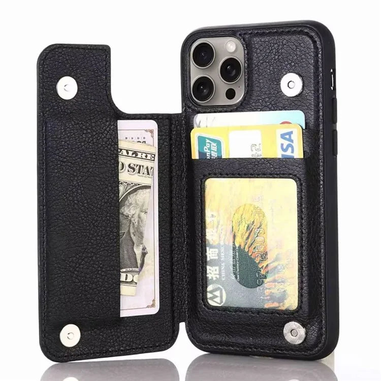 For iPhone 15 Pro Max Case Card Slots Kickstand Leather Coated TPU Cellphone Cover