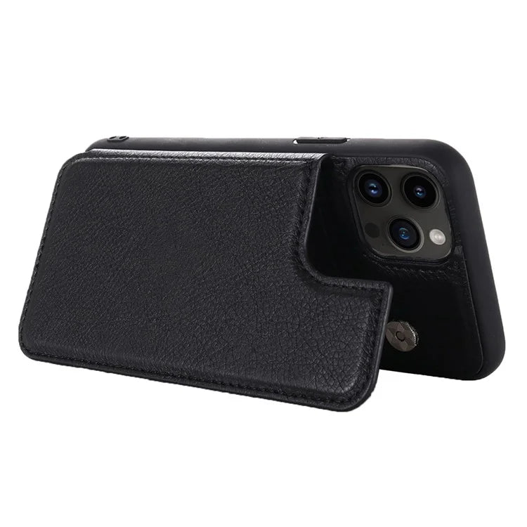 For iPhone 15 Pro Max Case Card Slots Kickstand Leather Coated TPU Cellphone Cover