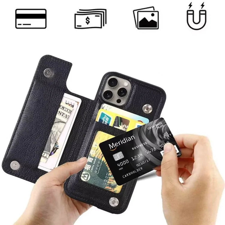 For iPhone 15 Pro Max Case Card Slots Kickstand Leather Coated TPU Cellphone Cover