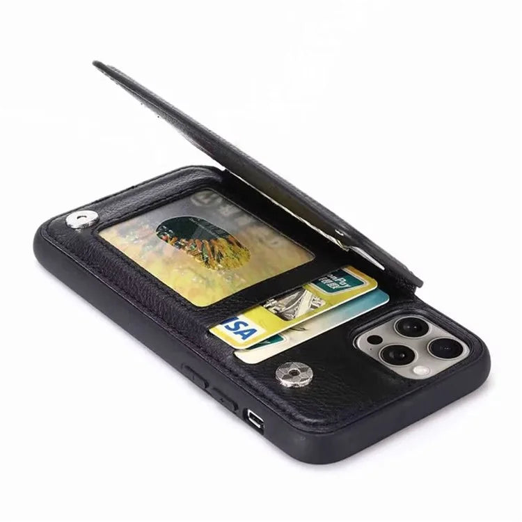 For iPhone 15 Pro Max Case Card Slots Kickstand Leather Coated TPU Cellphone Cover