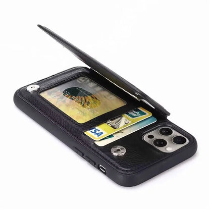 For iPhone 15 Pro Max Case Card Slots Kickstand Leather Coated TPU Cellphone Cover