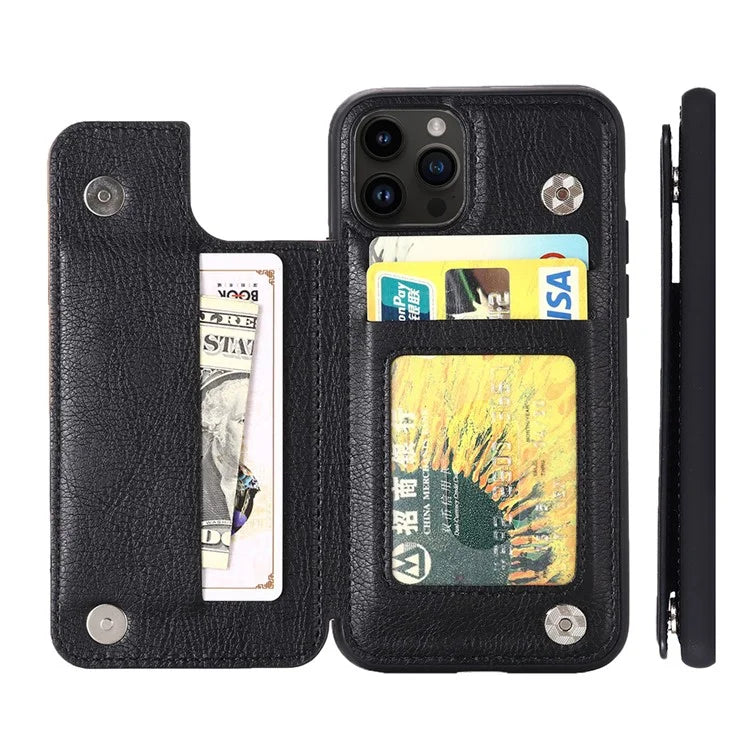 For iPhone 15 Pro Max Case Card Slots Kickstand Leather Coated TPU Cellphone Cover