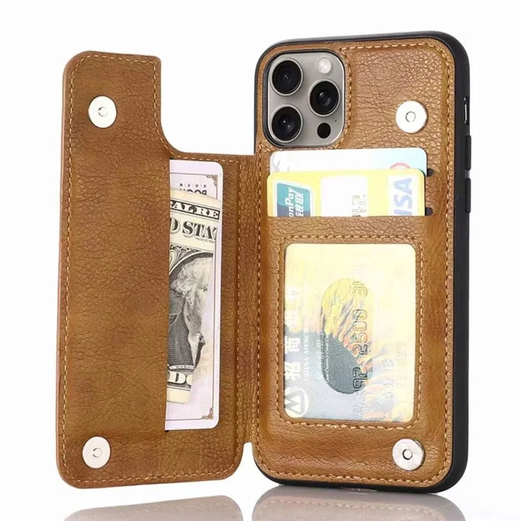 For iPhone 15 Pro Max Case Card Slots Kickstand Leather Coated TPU Cellphone Cover