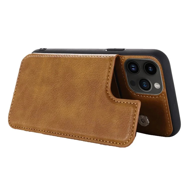 For iPhone 15 Pro Max Case Card Slots Kickstand Leather Coated TPU Cellphone Cover