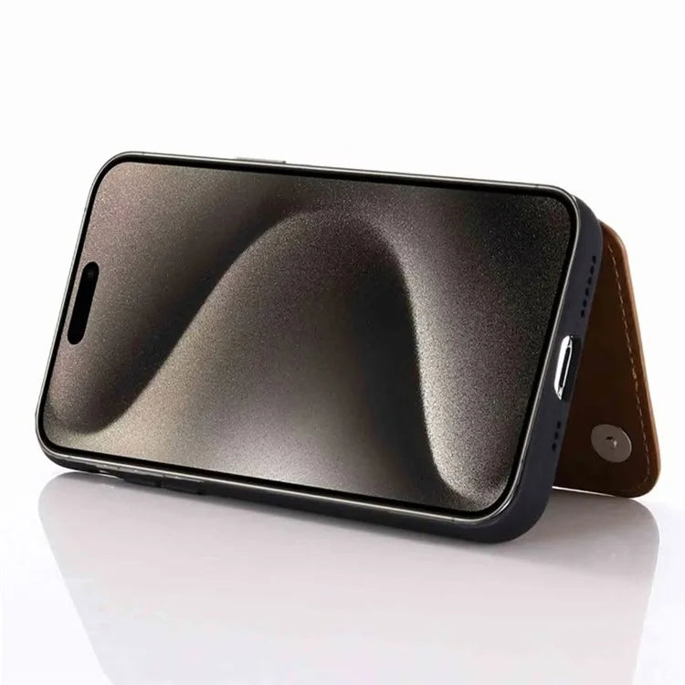 For iPhone 15 Pro Max Case Card Slots Kickstand Leather Coated TPU Cellphone Cover