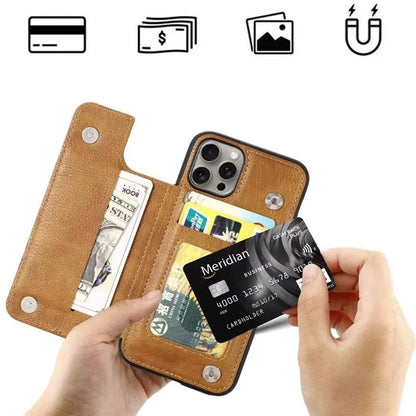For iPhone 15 Pro Max Case Card Slots Kickstand Leather Coated TPU Cellphone Cover