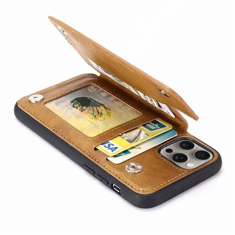 For iPhone 15 Pro Max Case Card Slots Kickstand Leather Coated TPU Cellphone Cover