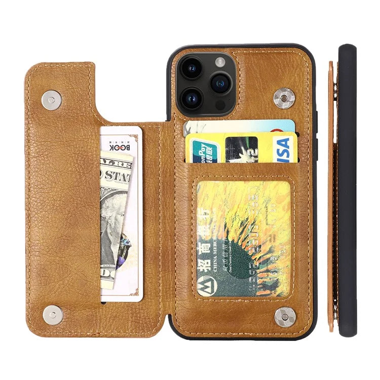 For iPhone 15 Pro Max Case Card Slots Kickstand Leather Coated TPU Cellphone Cover