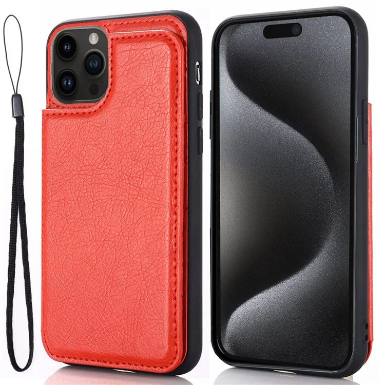 For iPhone 15 Pro Max Case Card Slots Kickstand Leather Coated TPU Cellphone Cover