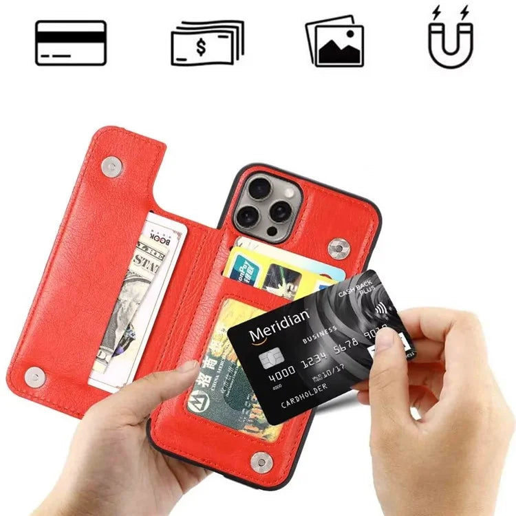 For iPhone 15 Pro Max Case Card Slots Kickstand Leather Coated TPU Cellphone Cover