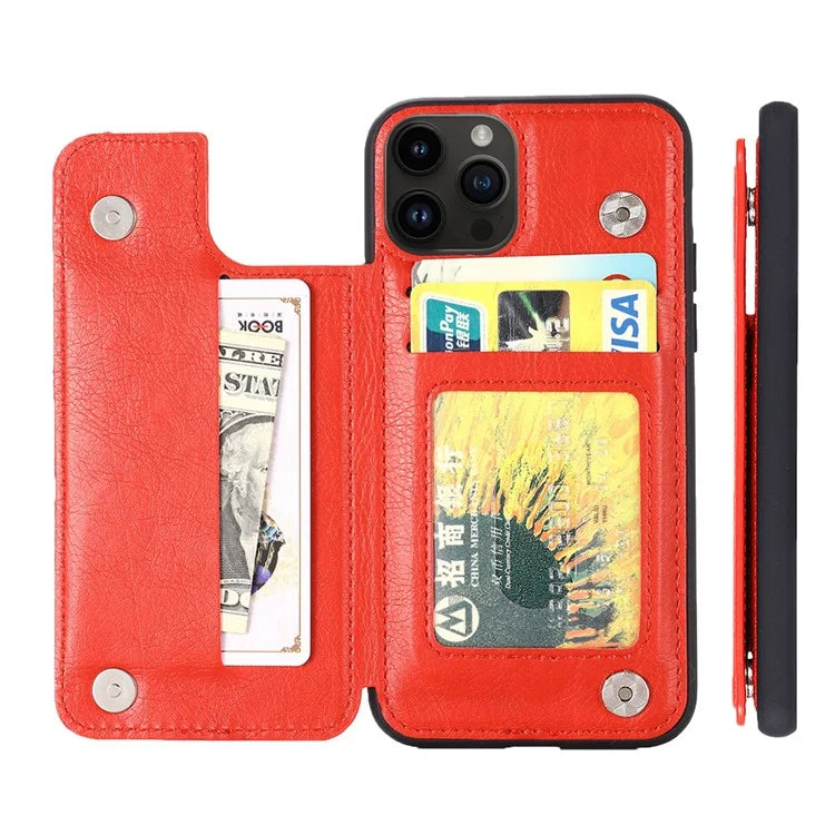 For iPhone 15 Pro Max Case Card Slots Kickstand Leather Coated TPU Cellphone Cover