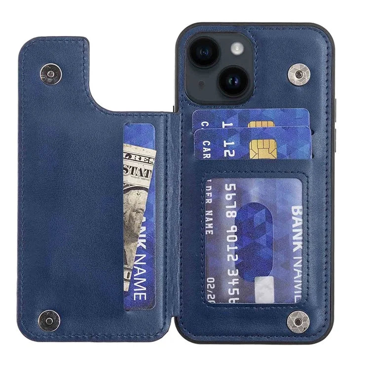 For iPhone 15 Plus Case V-Shape Decor Leather Coated TPU Phone Cover with Card Holder