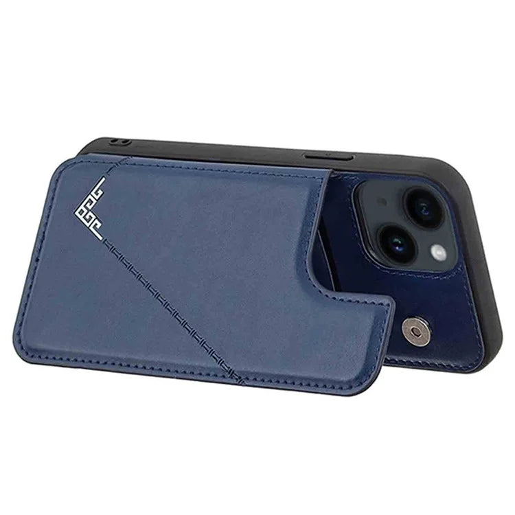 For iPhone 15 Plus Case V-Shape Decor Leather Coated TPU Phone Cover with Card Holder