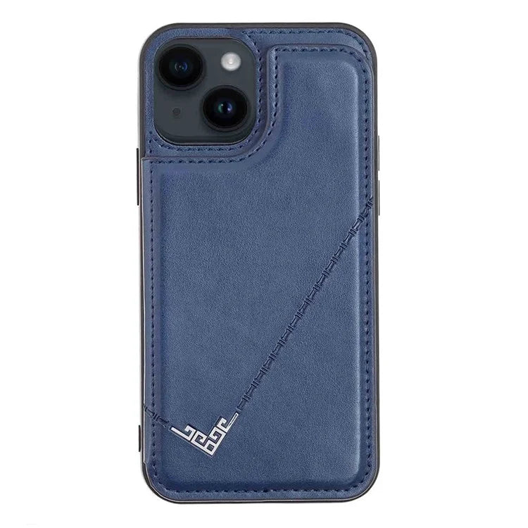 For iPhone 15 Plus Case V-Shape Decor Leather Coated TPU Phone Cover with Card Holder