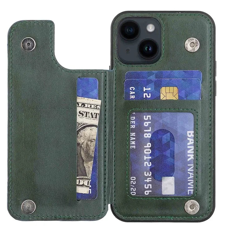 For iPhone 15 Plus Case V-Shape Decor Leather Coated TPU Phone Cover with Card Holder