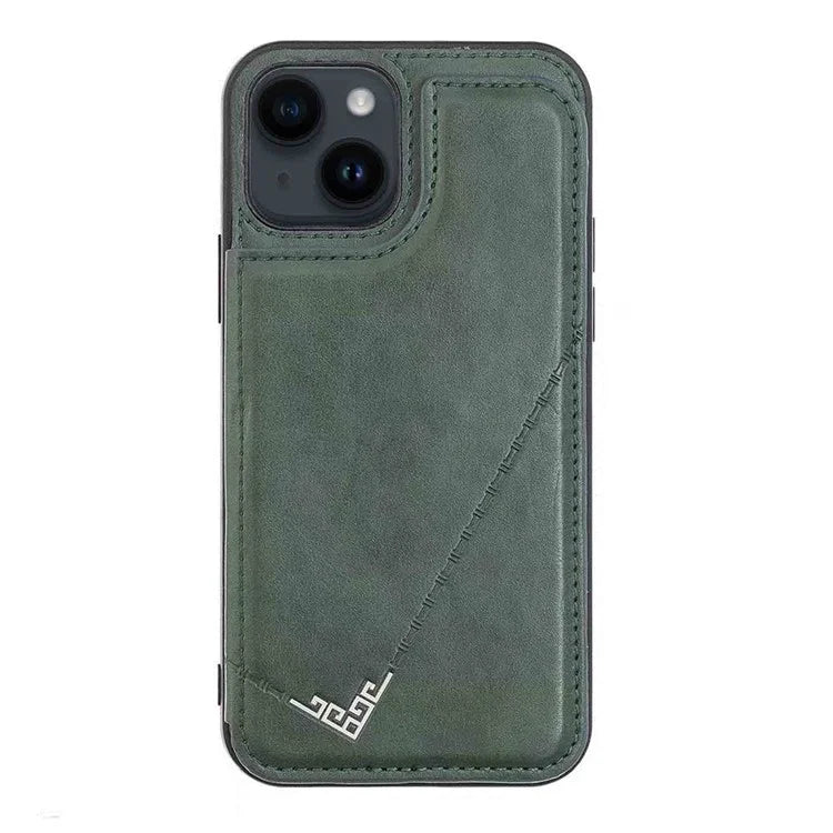 For iPhone 15 Plus Case V-Shape Decor Leather Coated TPU Phone Cover with Card Holder