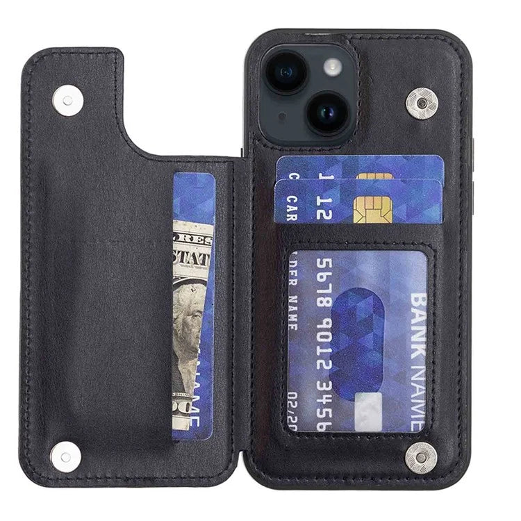 For iPhone 15 Plus Case V-Shape Decor Leather Coated TPU Phone Cover with Card Holder