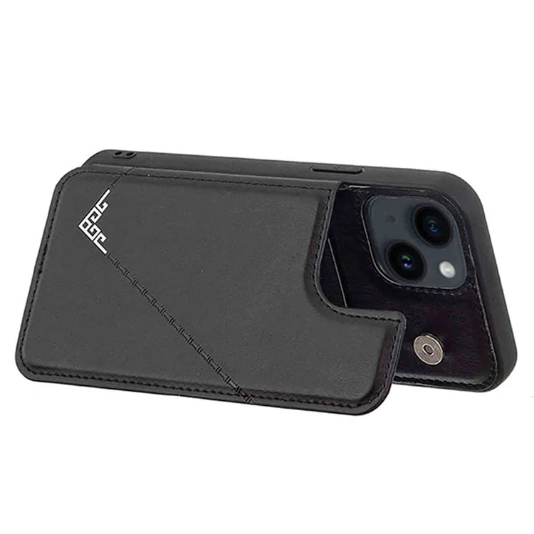 For iPhone 15 Plus Case V-Shape Decor Leather Coated TPU Phone Cover with Card Holder