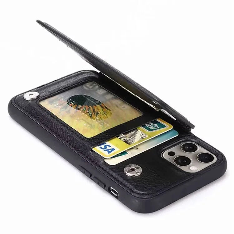 For iPhone 15 Pro Case Card Holder Kickstand PU Leather Coated TPU Phone Cover