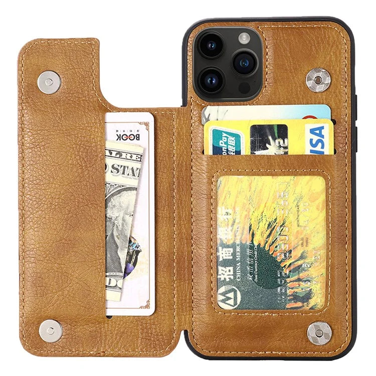 For iPhone 15 Pro Case Card Holder Kickstand PU Leather Coated TPU Phone Cover