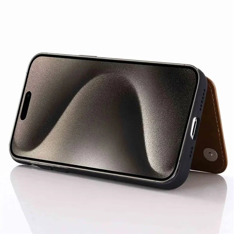 For iPhone 15 Pro Case Card Holder Kickstand PU Leather Coated TPU Phone Cover