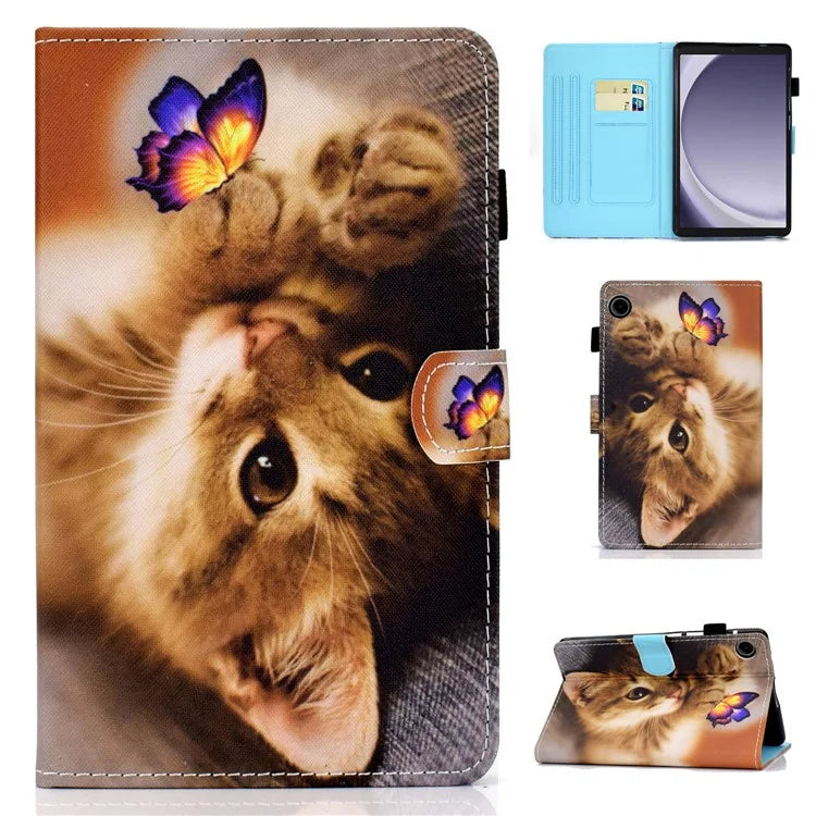 For Samsung Galaxy Tab A9+ PU Leather Case Pattern Printing Smart Tablet Cover with Pencil Holder and Cat