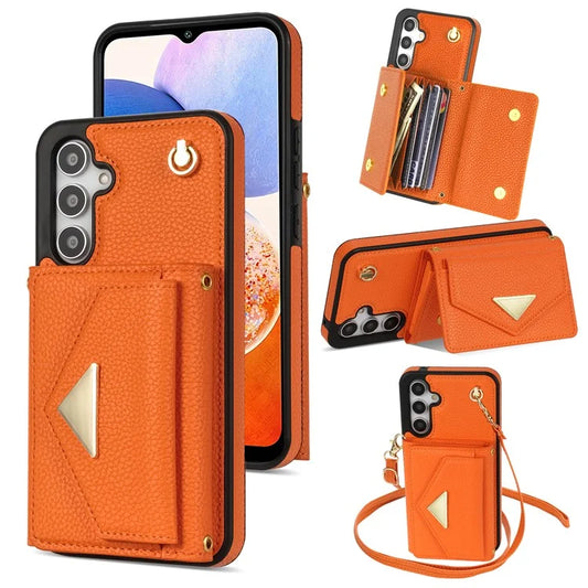 For Samsung Galaxy A14 5G / A14 4G Case Card Holder Kickstand PU Leather+TPU Cover with Shoulder Strap