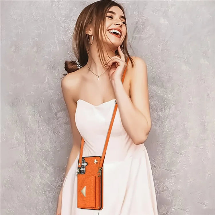 For Samsung Galaxy A14 5G / A14 4G Case Card Holder Kickstand PU Leather+TPU Cover with Shoulder Strap