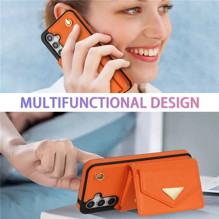 For Samsung Galaxy A14 5G / A14 4G Case Card Holder Kickstand PU Leather+TPU Cover with Shoulder Strap