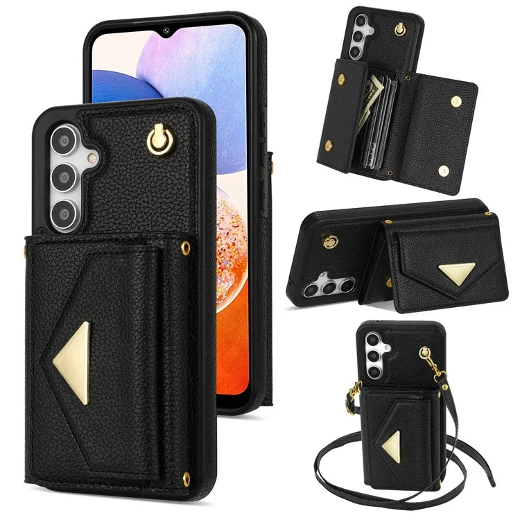 For Samsung Galaxy A14 5G / A14 4G Case Card Holder Kickstand PU Leather+TPU Cover with Shoulder Strap